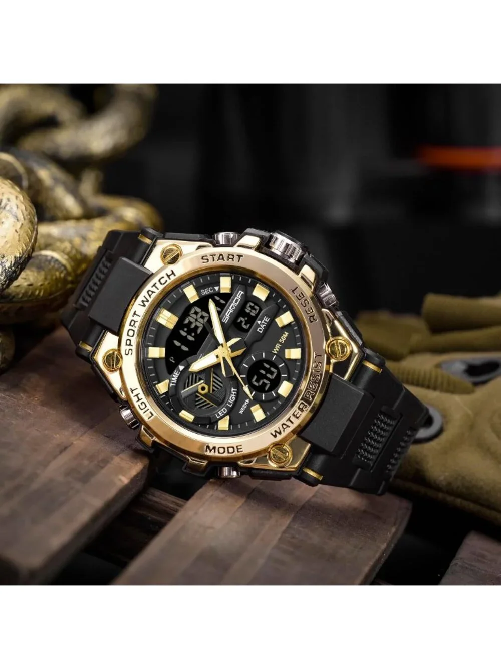Men's Gold Analog Quartz Sports Outdoor Waterproof Military LED Digital Watch
